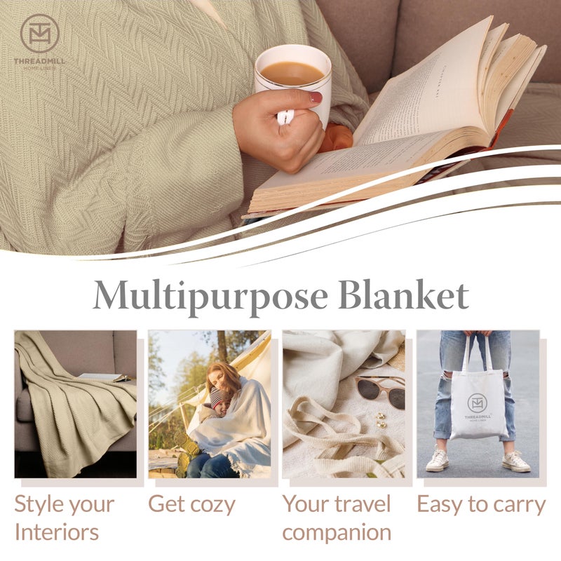 Threadmill Luxury Cotton Blankets for King Size Bed | All-Season Cozy 100% Cotton King Size Blanket | Herringbone Soft Fall Thermal Blanket fits California King Size Bed, 106x92 | Beige - Image 2